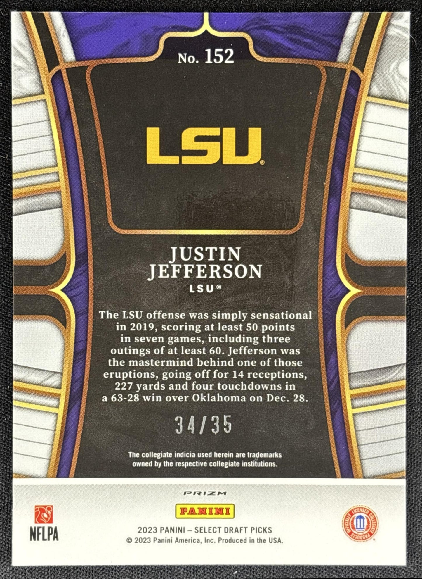 Justin Jefferson 2023 Panini Select Draft Picks White Prizm /35 Tigers - back