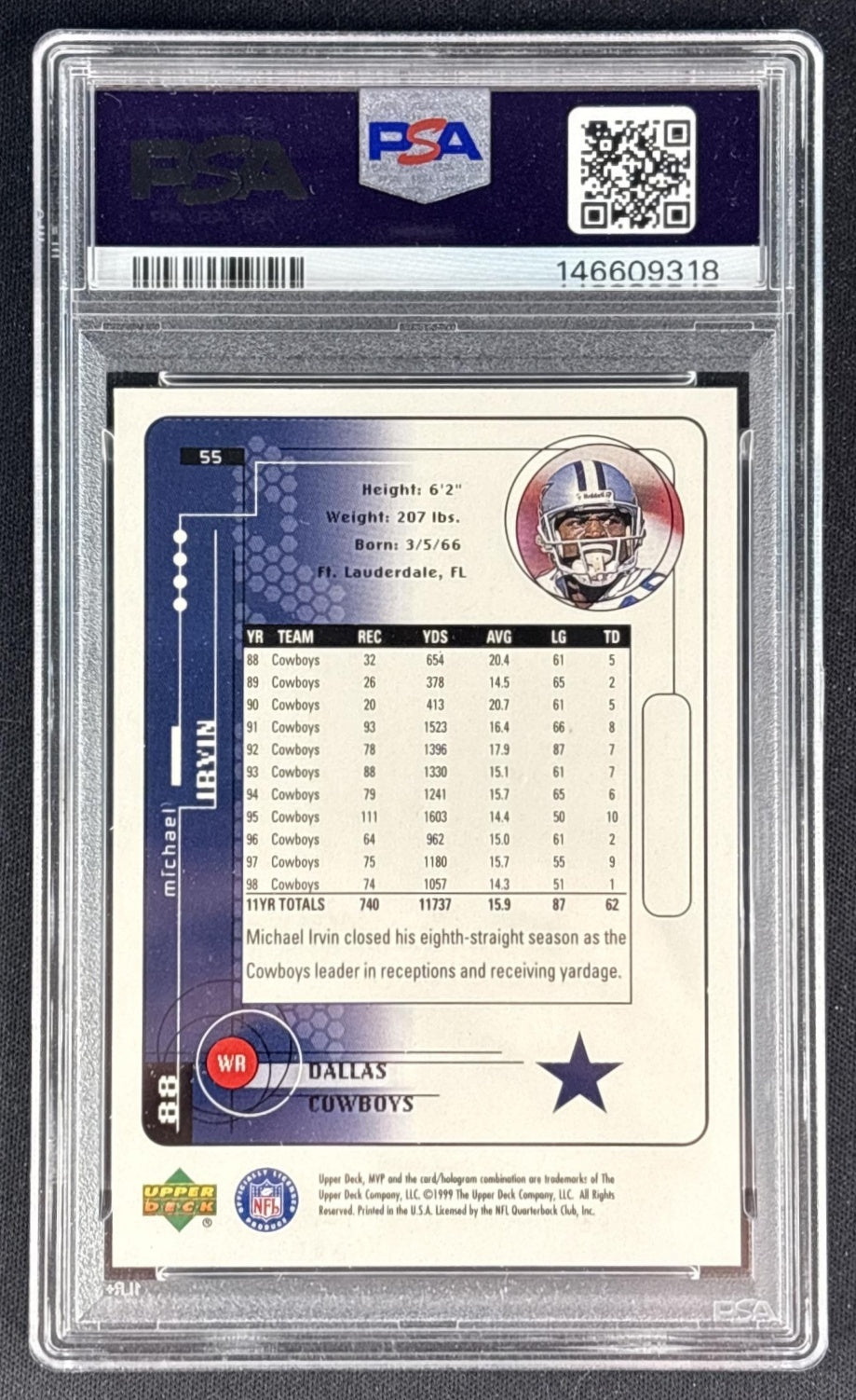 Michael Irvin 1999 Upper Deck MVP PSA 10 Cowboys Back