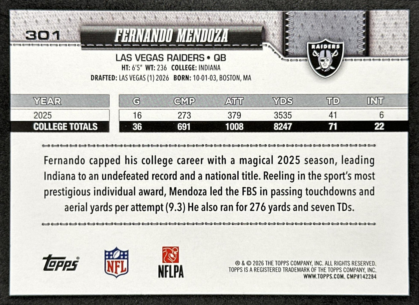 Fernando Mendoza 2026 Topps Flagship Rookie Raiders Sports Trading Cards