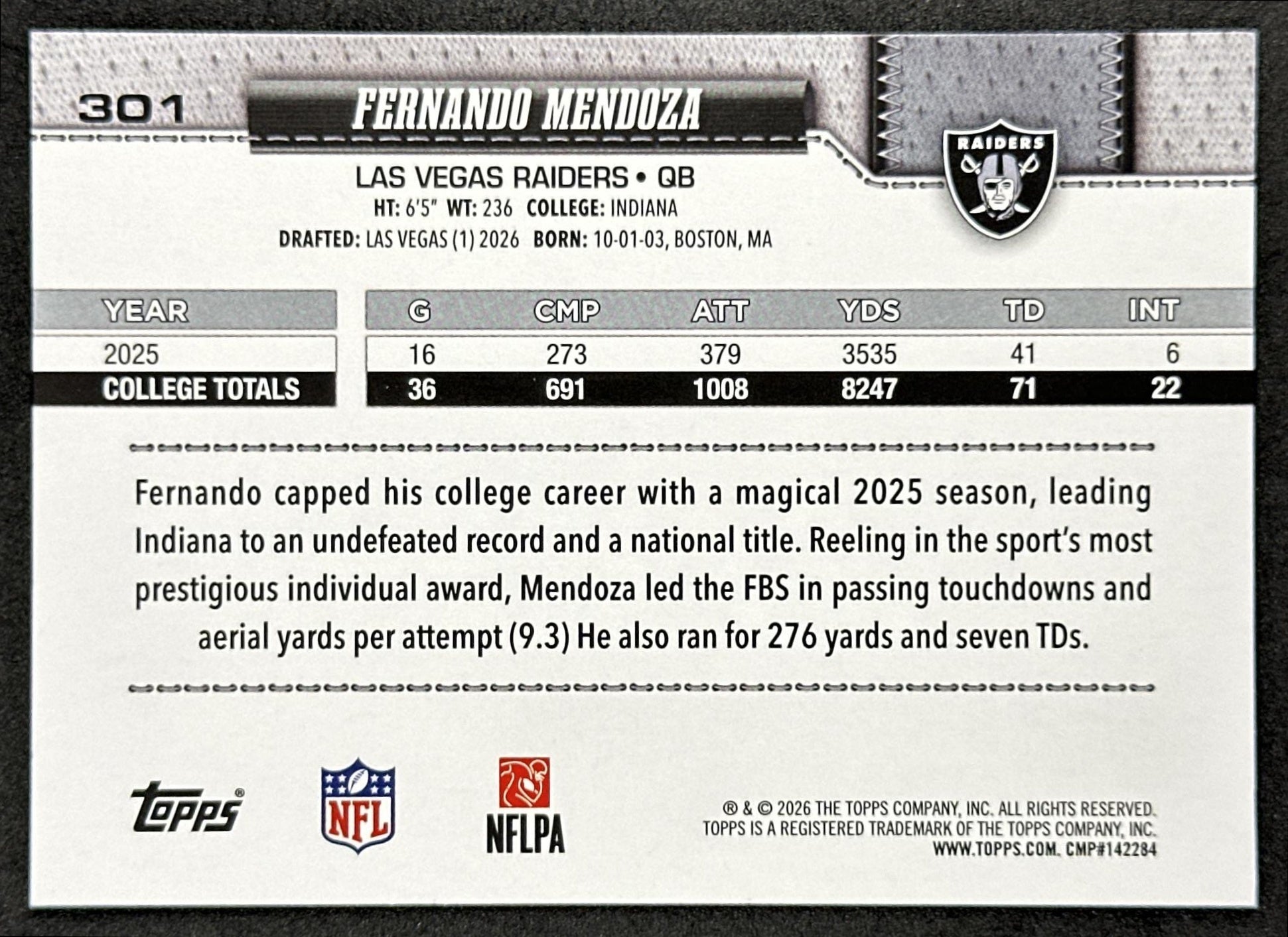 Fernando Mendoza 2026 Topps Flagship Rookie Raiders Sports Trading Cards