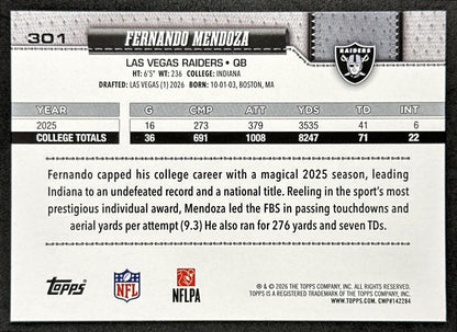 Fernando Mendoza 2026 Topps Flagship Rookie Raiders Sports Trading Cards