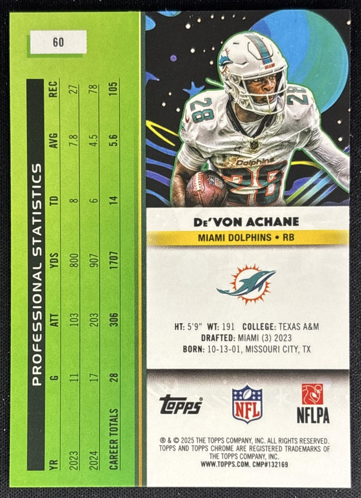 De'Von Achane 2025 Topps Chrome Dolphins back