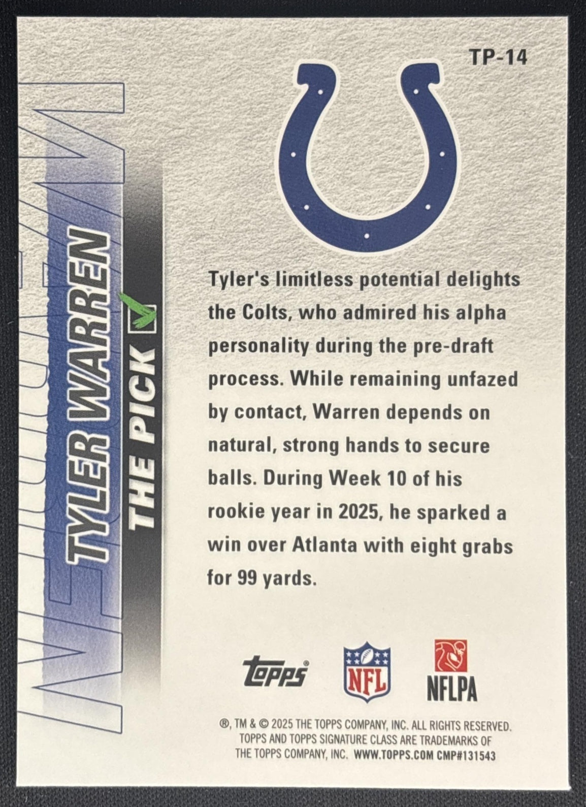 Tyler Warren 2025 Topps Signature Class The Pick Colts back