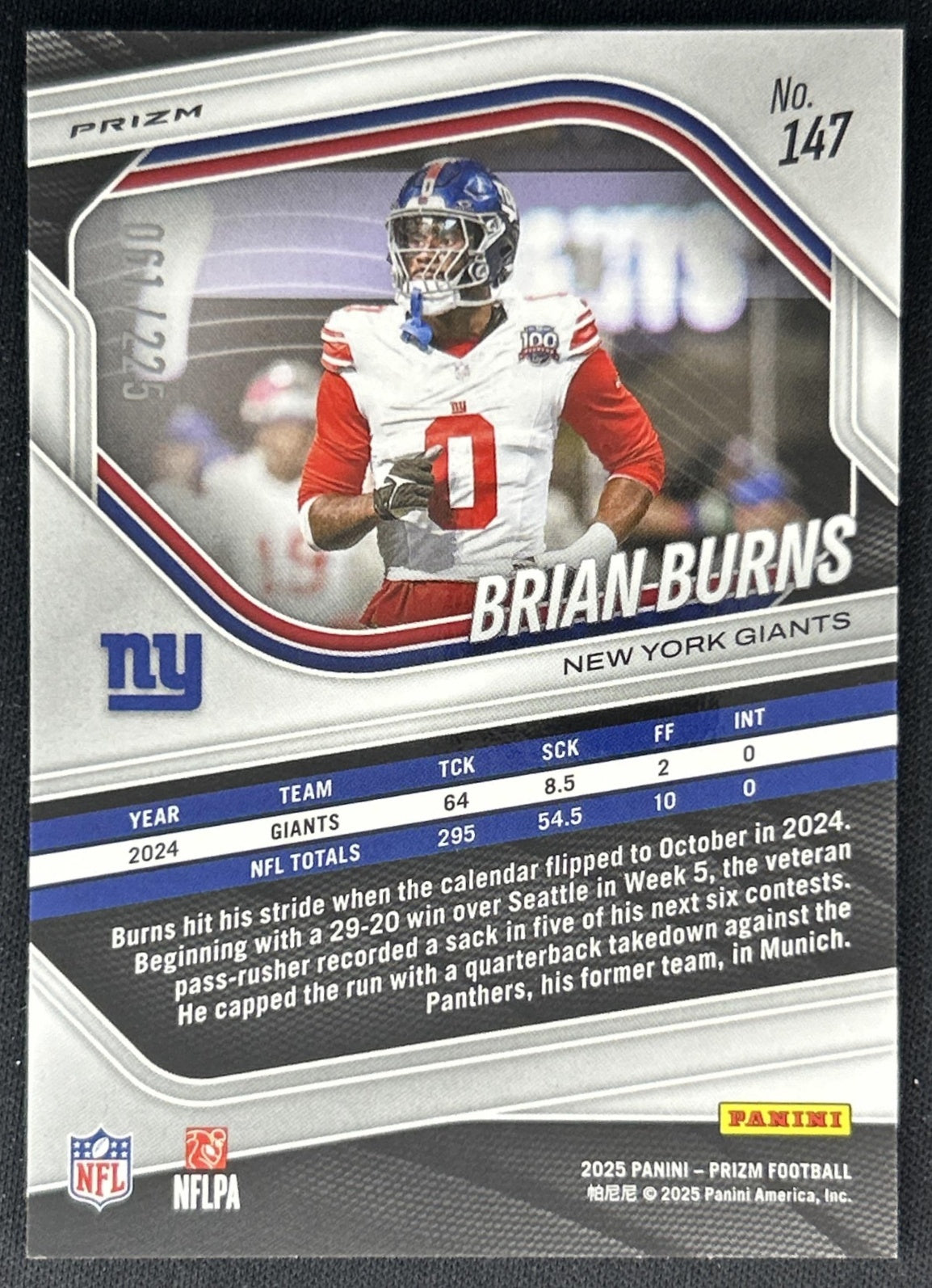 Brian Burns 2025 Panini Prizm Purple Ice /225 Giants
