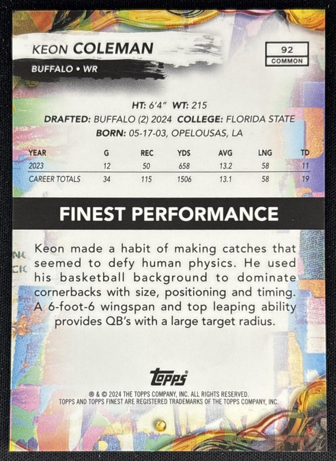 Keon Coleman 2024 Topps Finest Gold Refractor /50 Bills Back