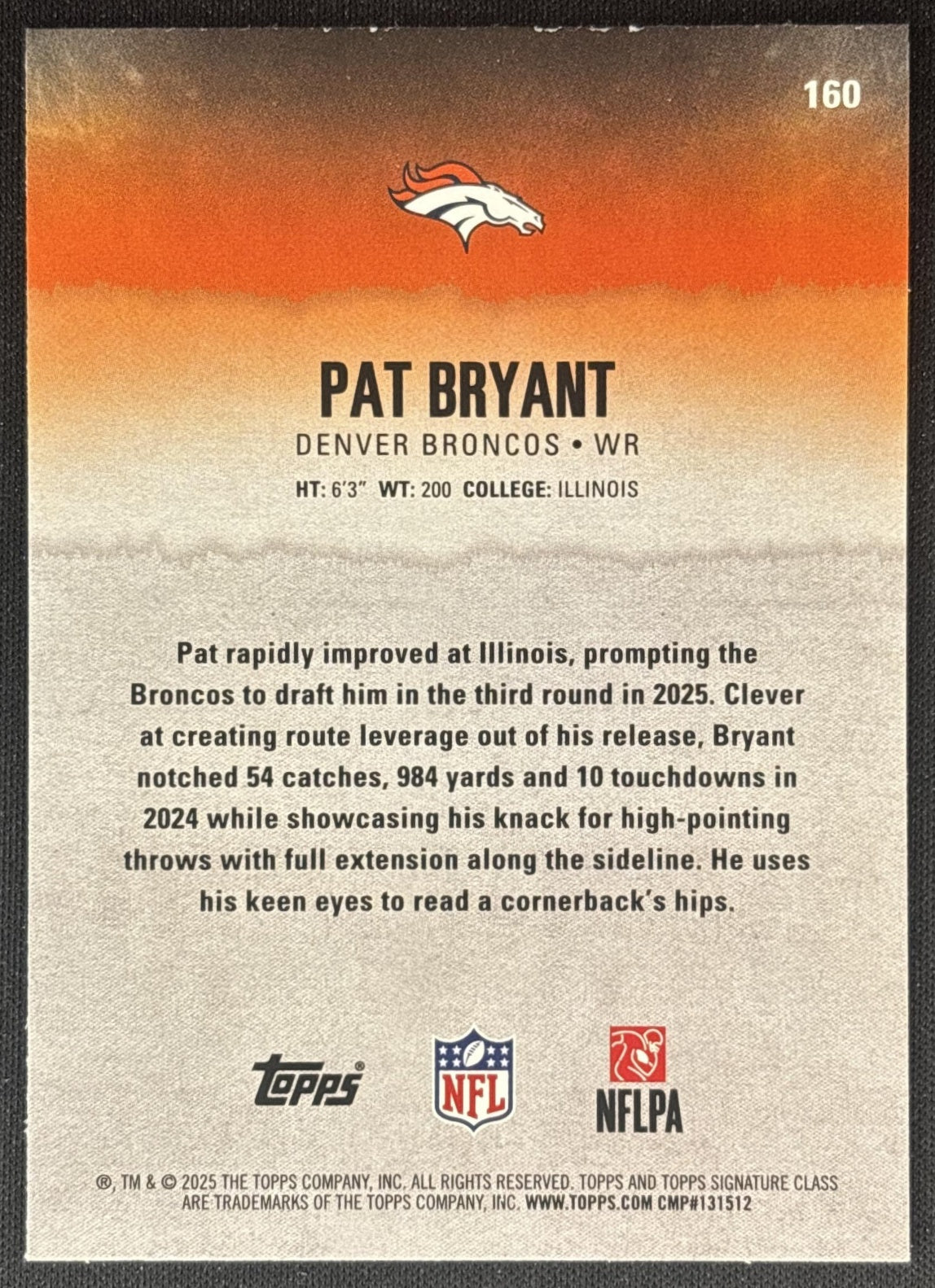 Pat Bryant 2025 Topps Signature Class Rookie Green & Purple Foil Broncos back