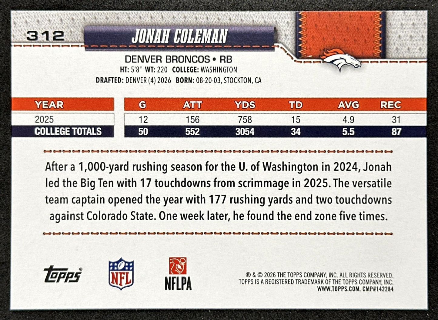 Jonah Coleman 2026 Topps Flagship Rookie Broncos Sports Trading Cards