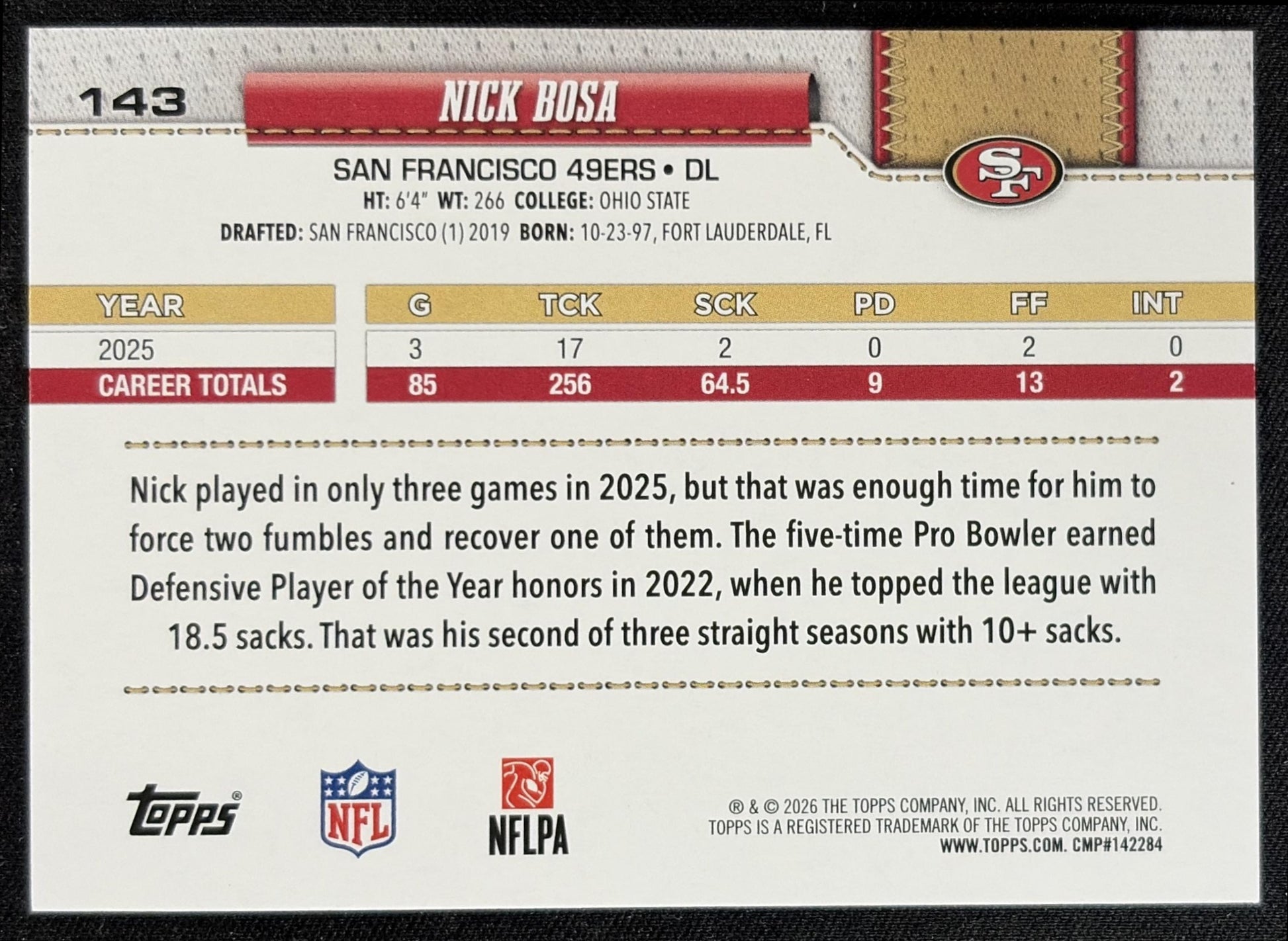 Nick Bosa 2026 Topps Football Leather Foil 49ers back