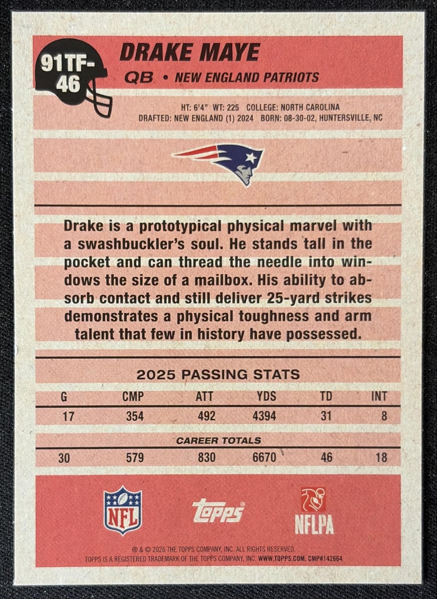 Drake Maye 2026 Topps 1991 Patriots back