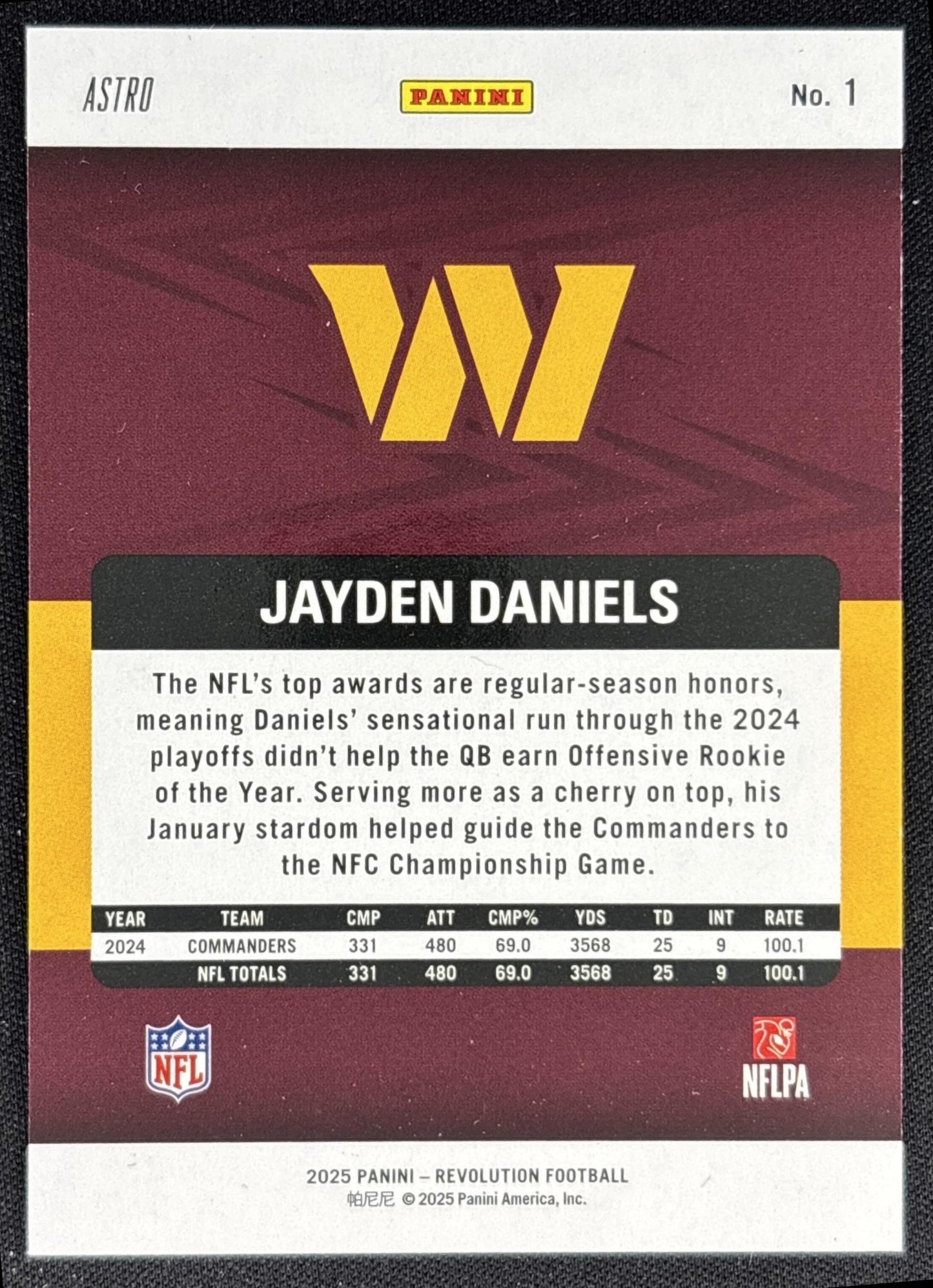 Jayden Daniels 2025 Panini Revolution Red Astro Commanders back