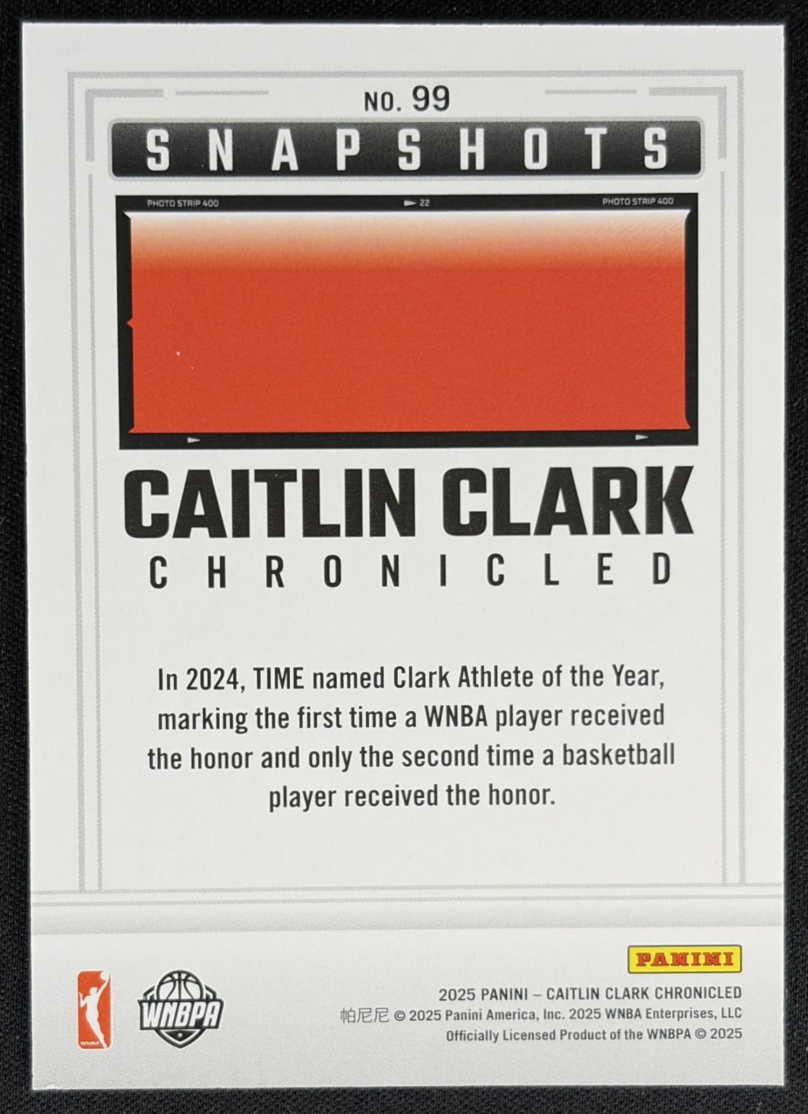 Caitlin Clark 2025 Panini Chronicled Snap Shots Holo Fever