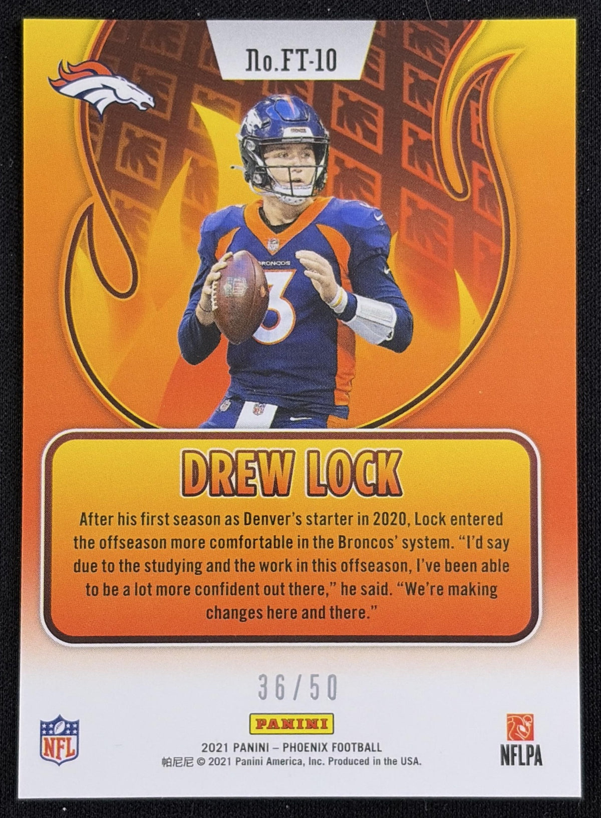 Drew Lock 2021 Panini Phoenix Flame Throwers Bronze /50 Broncos sports trading card back