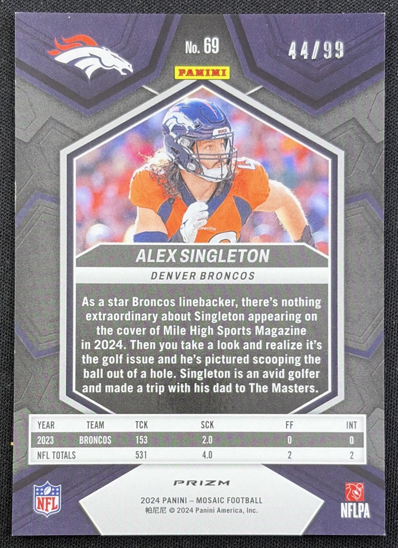 Alex Singleton 2024 Panini Mosaic Blue Prizm /99 Broncos