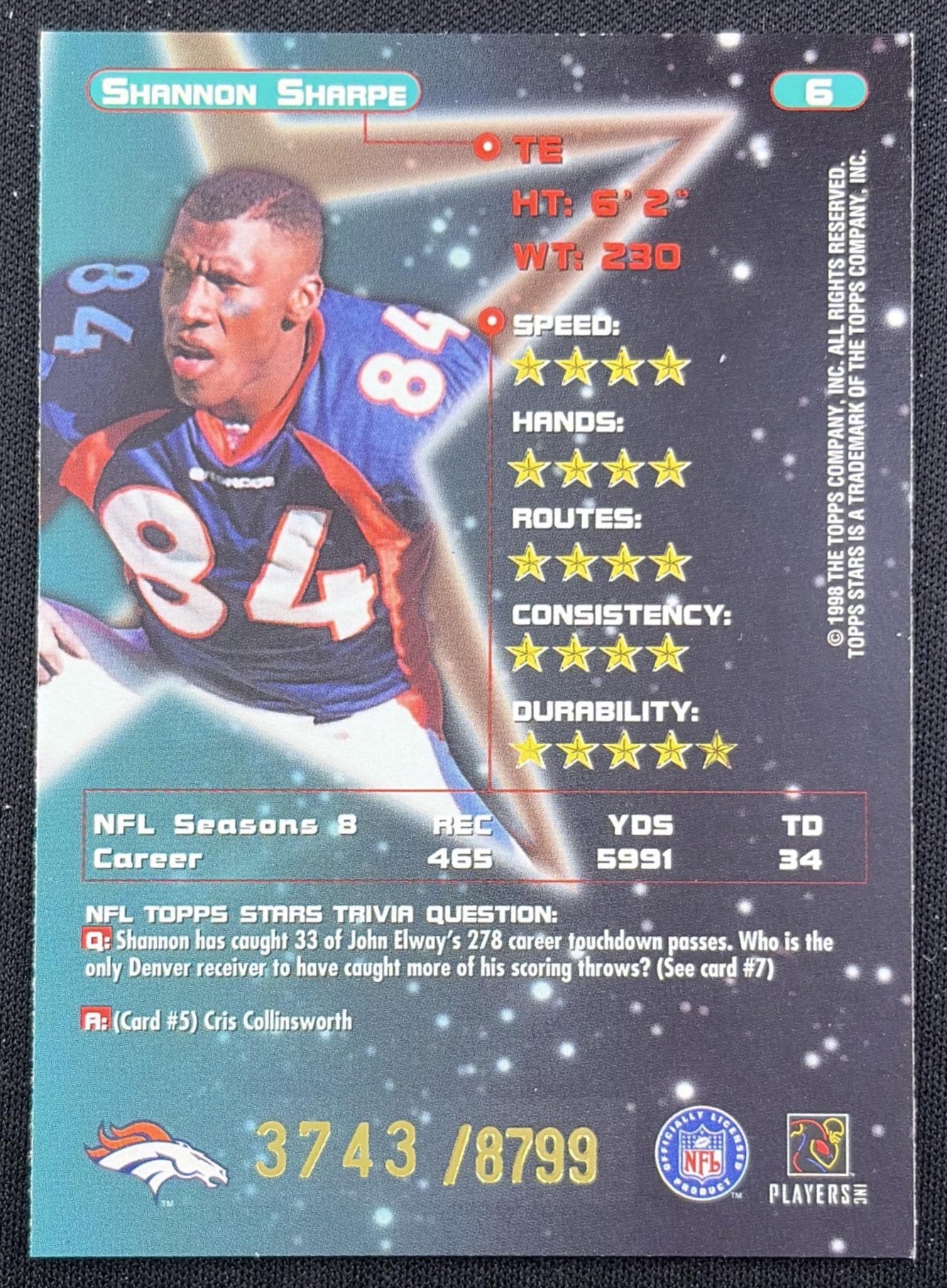 Shannon Sharpe 1998 Topps Stars Bronze Star /8799 Broncos back