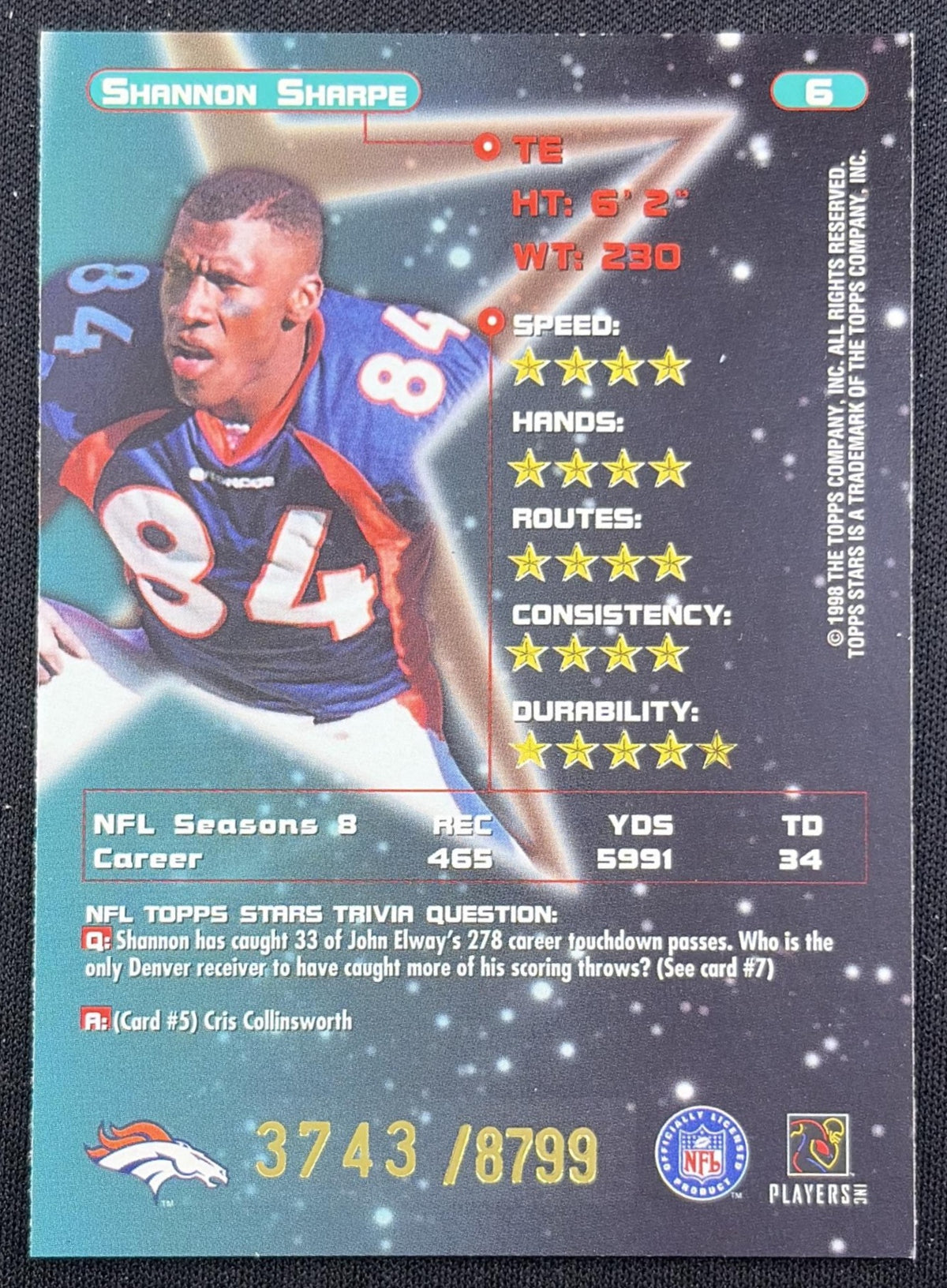Shannon Sharpe 1998 Topps Stars Bronze Star /8799 Broncos back