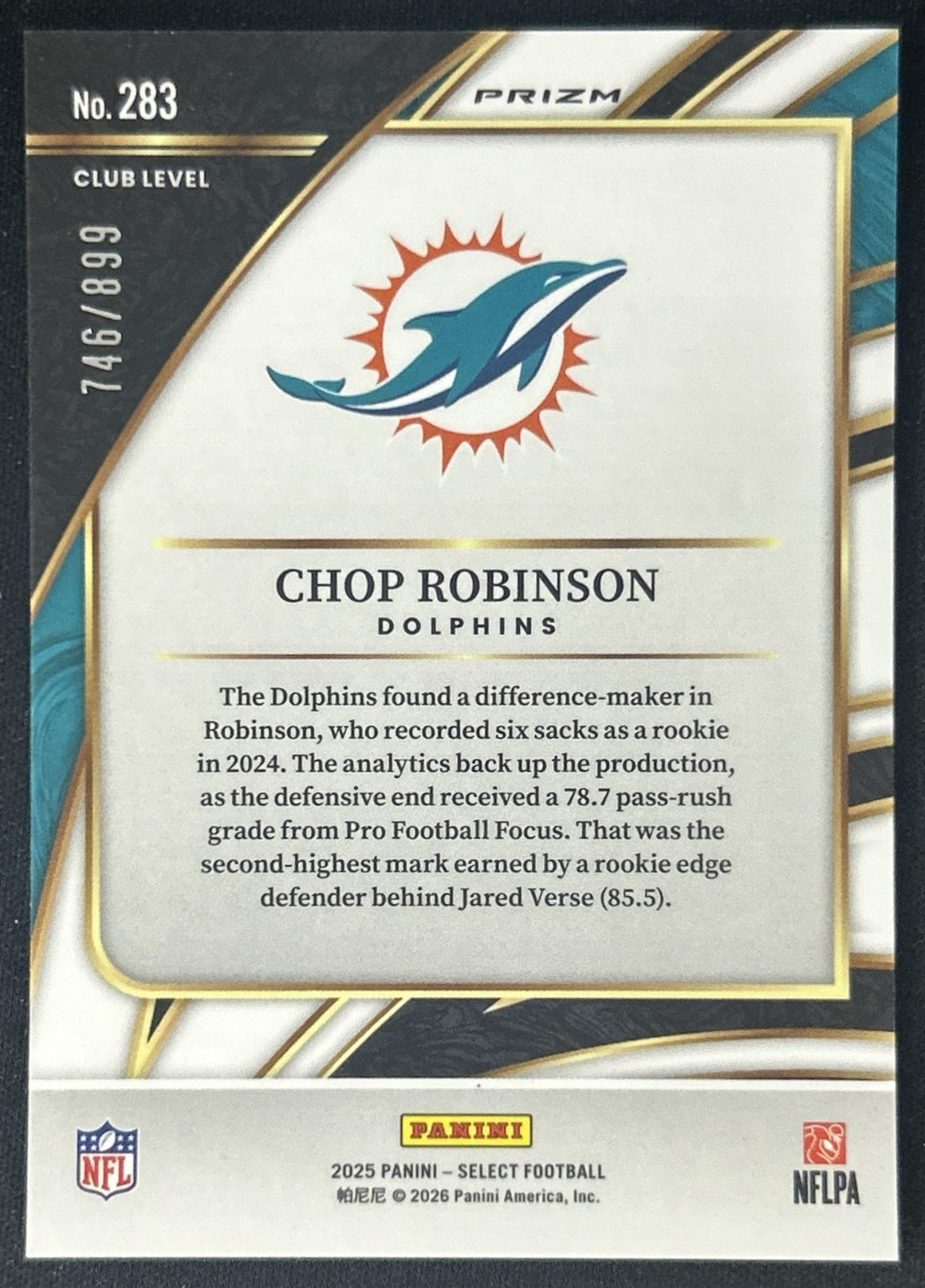 Chop Robinson 2025 Panini Select Club Level Copper Prizm Shock /899 Dolphins back