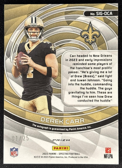 Derek Carr 2023 Panini Spectra Signatures Meta /25 Saints