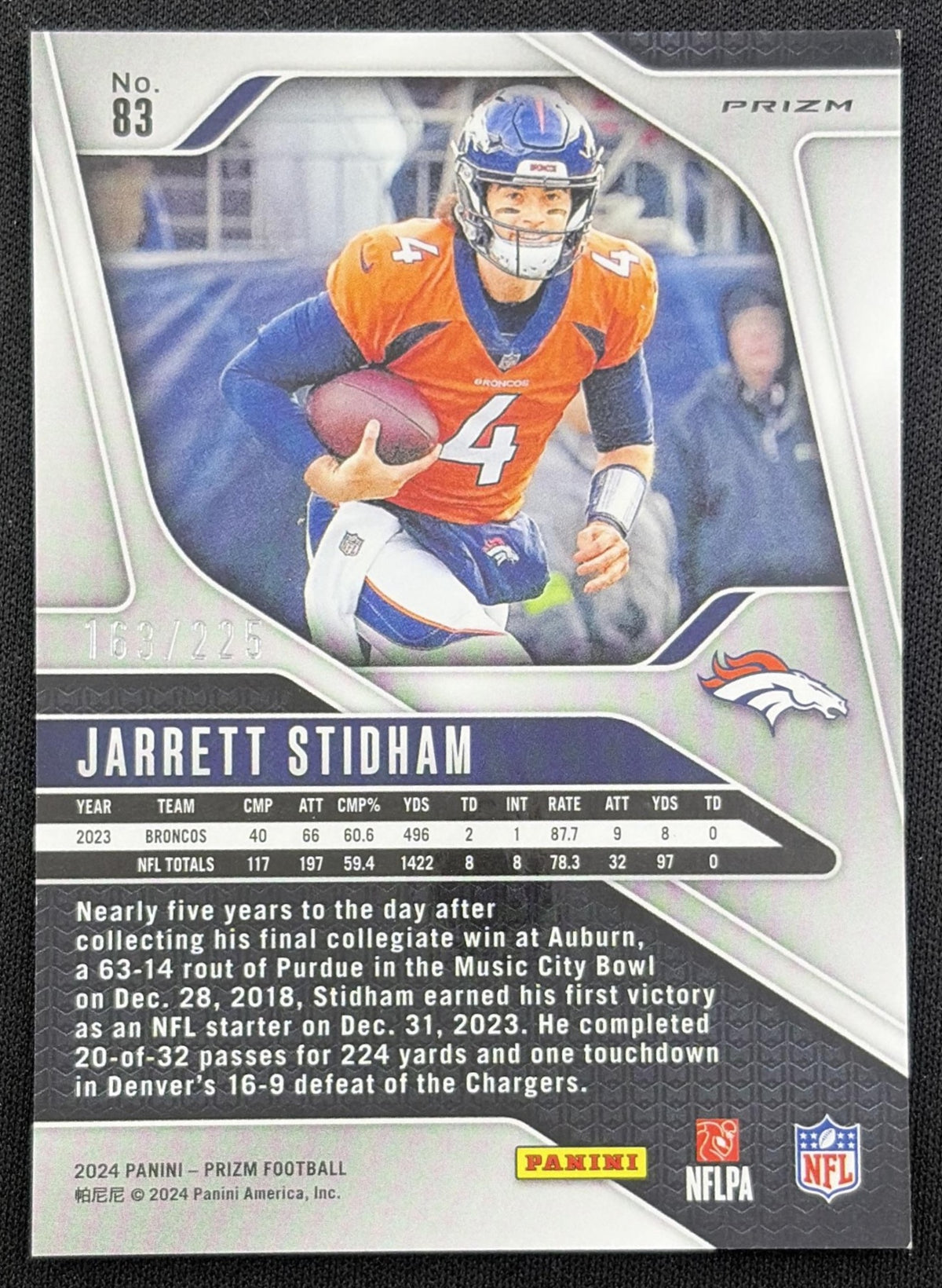 Jarrett Stidham 2024 Panini Prizm Purple Ice /225 Broncos back