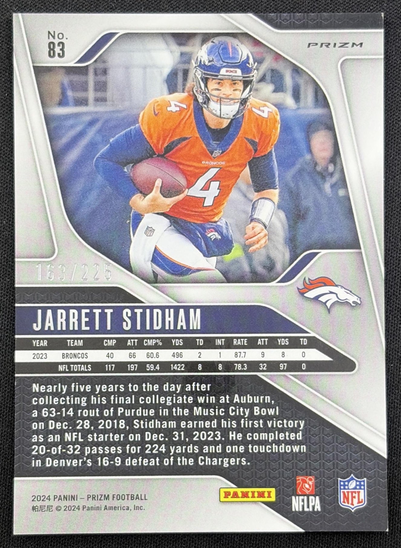 Jarrett Stidham 2024 Panini Prizm Purple Ice /225 Broncos back