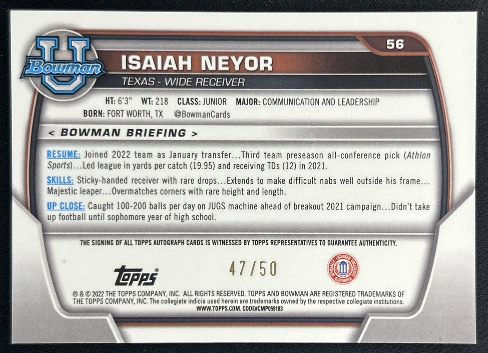 Isaiah Neyor 2022 University Chrome Prospect Auto Gold Refractor /50 Longhorns Sports Trading Cards