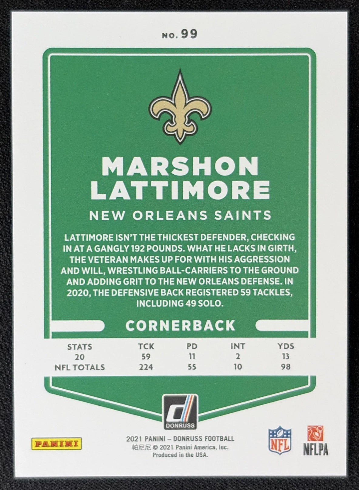 Marshon Lattimore 2021 Panini Donruss Press Proof Premium Saints - New Orleans Saints