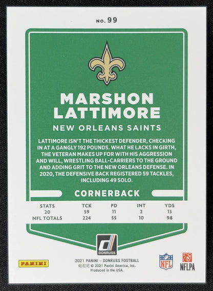 Marshon Lattimore 2021 Panini Donruss Press Proof Premium Saints - New Orleans Saints