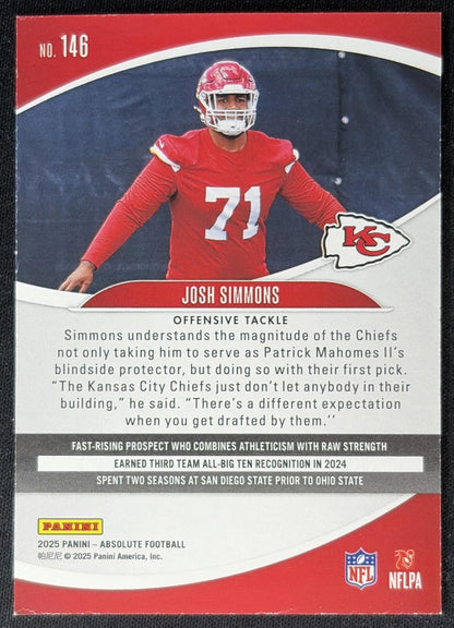 Josh Simmons 2025 Panini Absolute Rookies Chiefs Sports Trading Cards