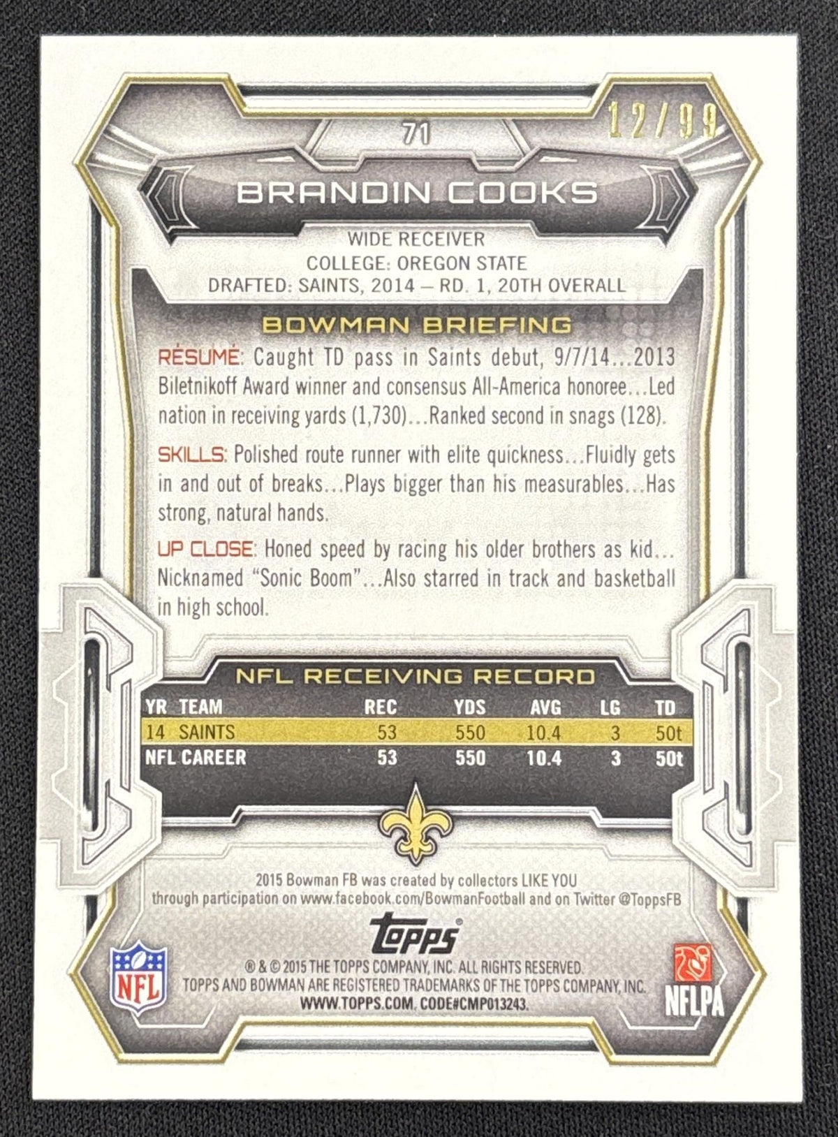 Brandin Cooks 2015 Bowman Veterans Blue /99 Saints