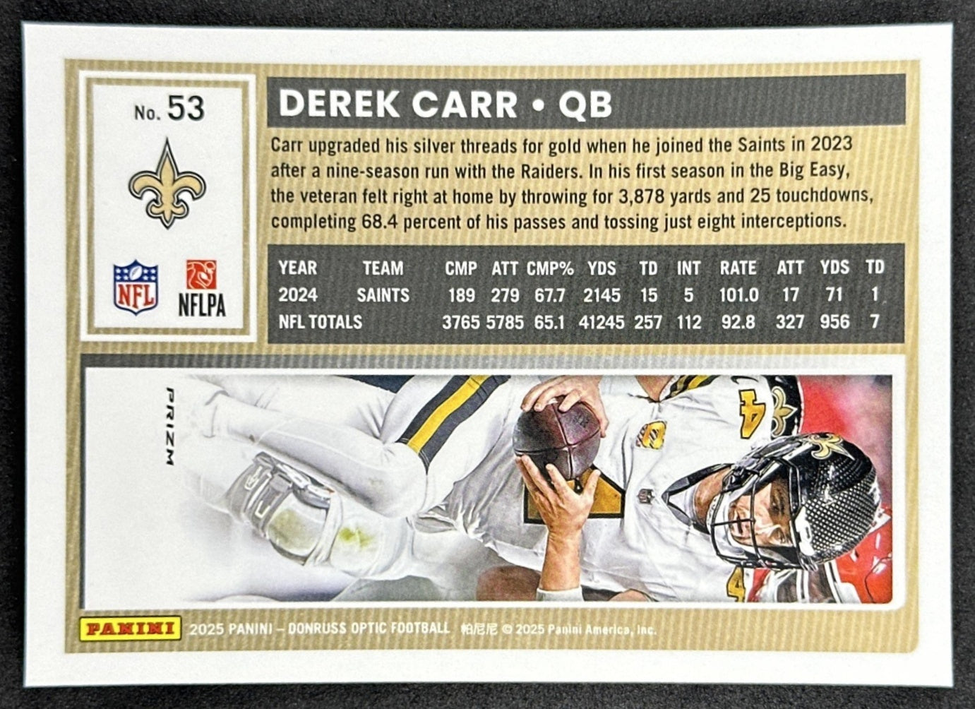 Derek Carr 2025 Panini Donruss Optic Stars Prizm Saints Sports Trading Cards