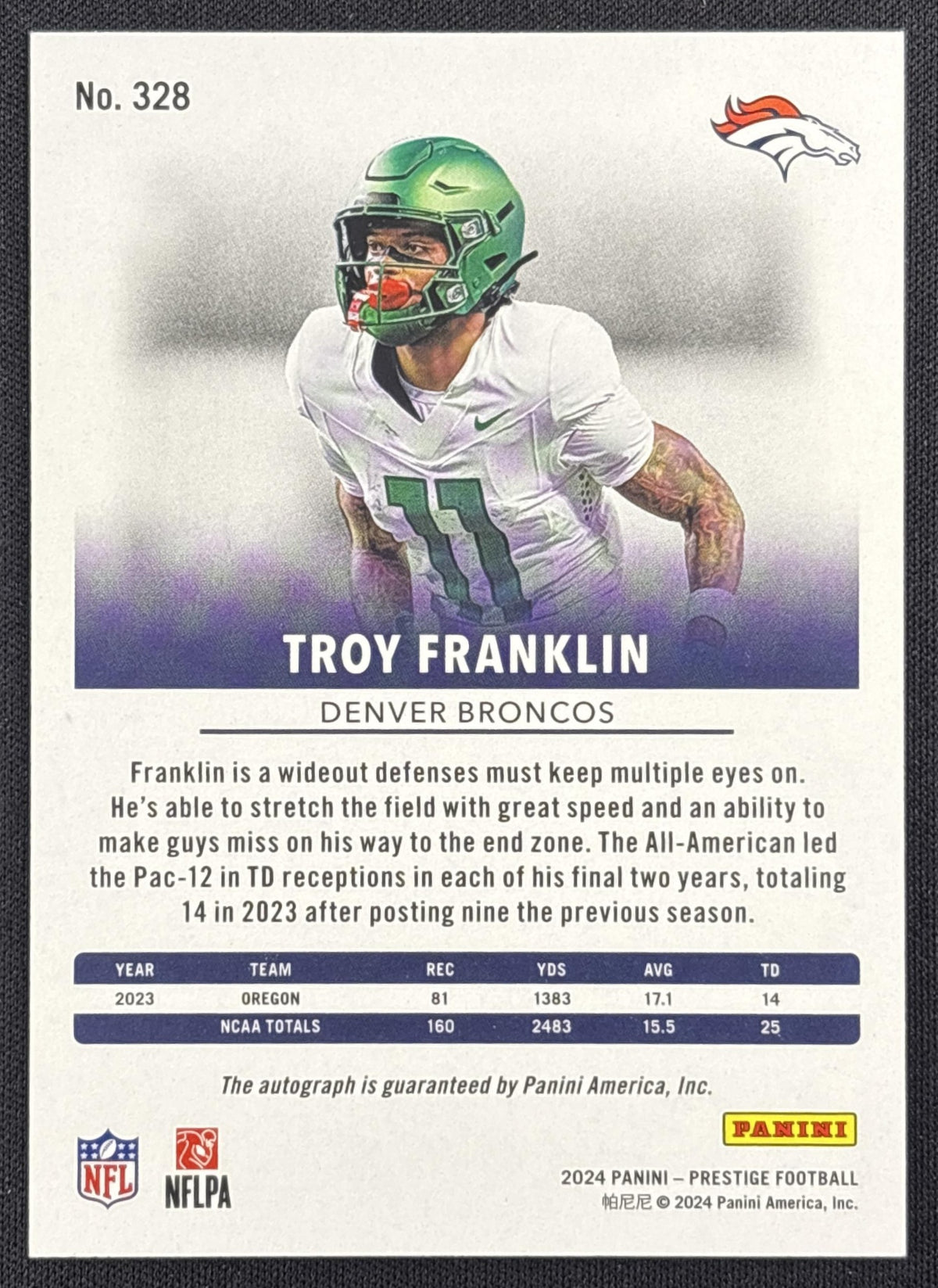 Troy Franklin 2024 Panini Prestige Xtra Points Signatures Premium Broncos