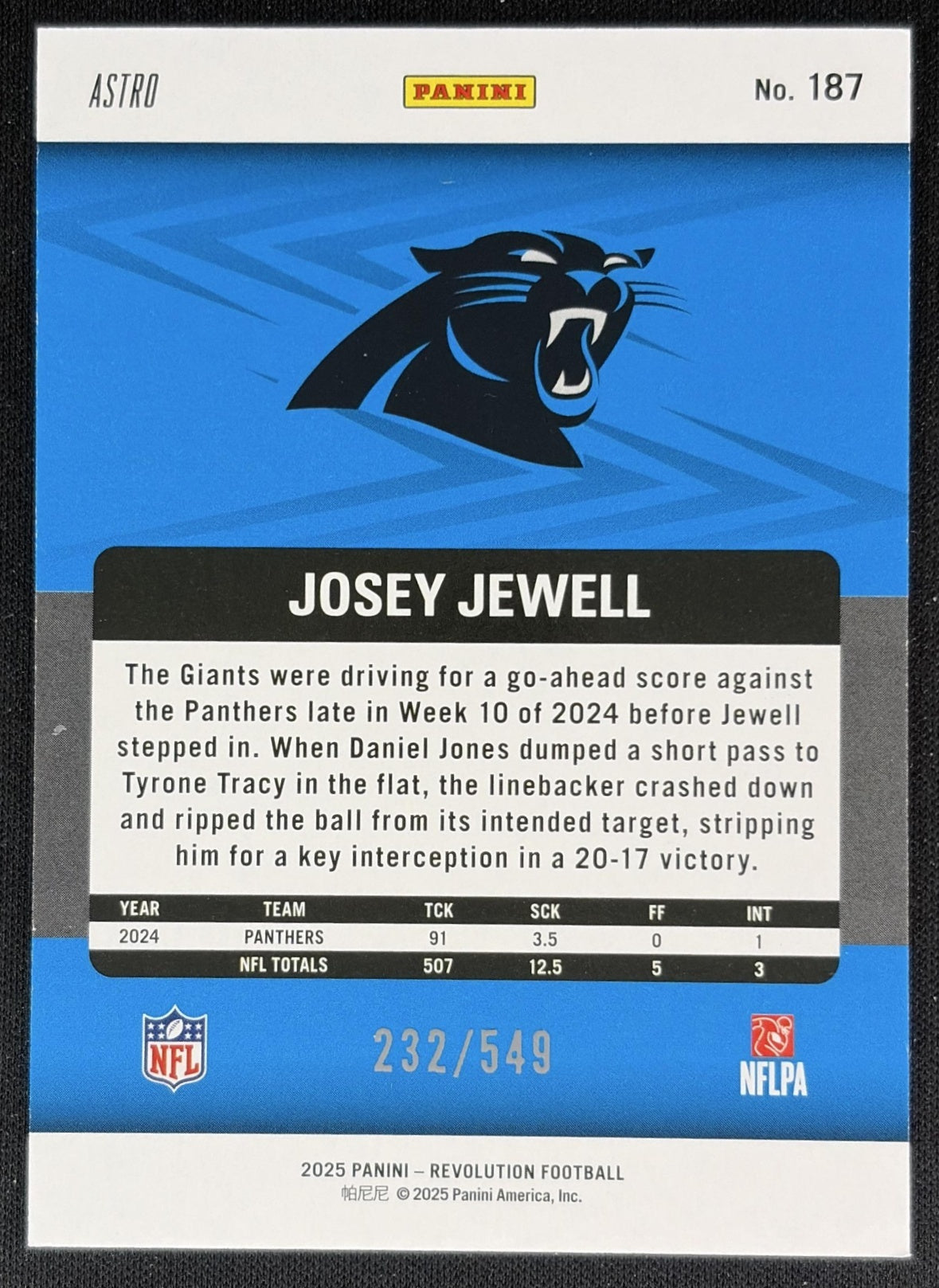 Josey Jewell 2025 Panini Revolution Blue Astro /549 Panthers Sports Trading Cards