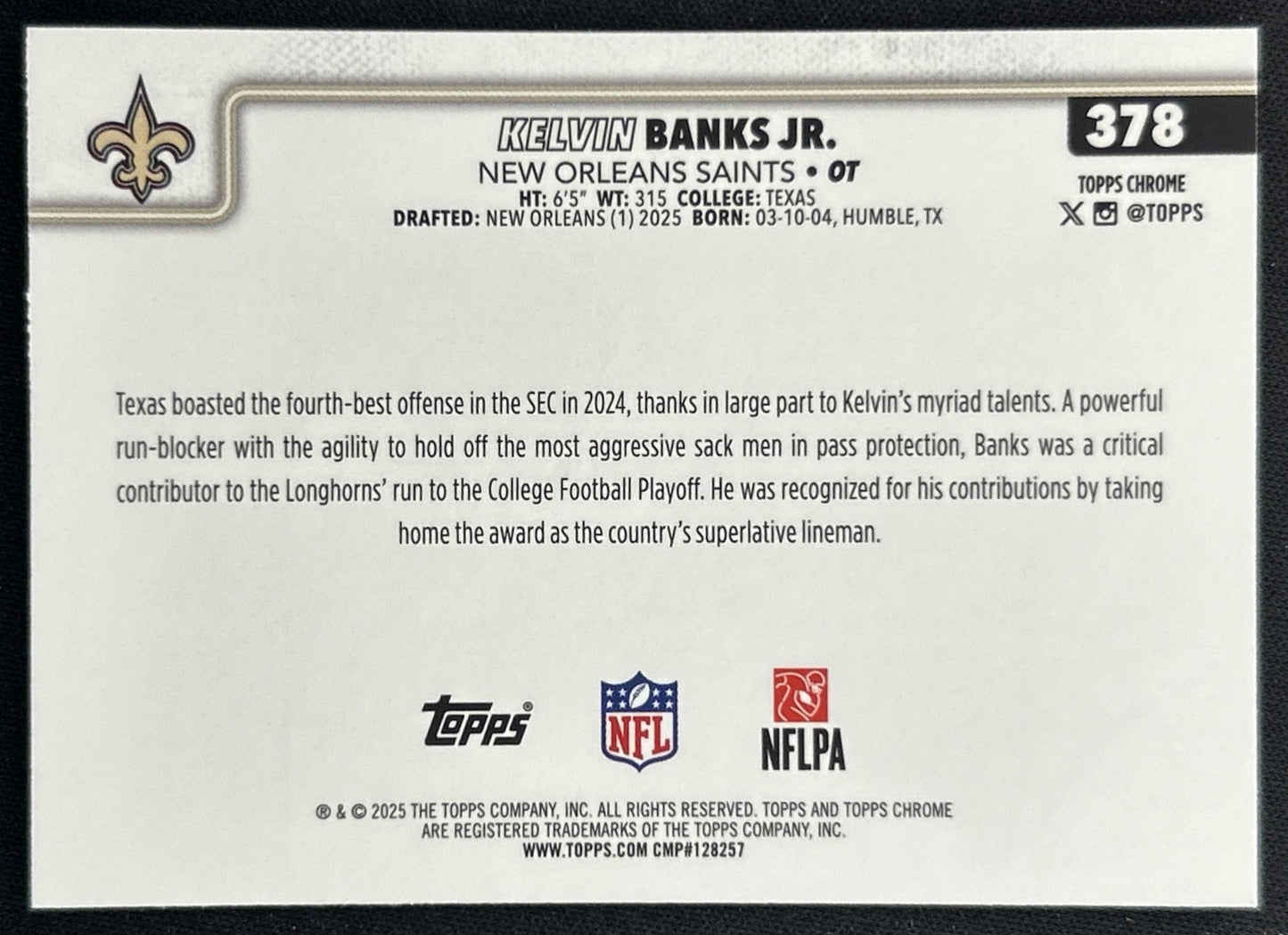 Kelvin Banks Jr. 2025 Topps Chrome Rookie Pink Refractor /250 Saints back