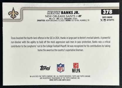 Kelvin Banks Jr. 2025 Topps Chrome Rookie Pink Refractor /250 Saints back
