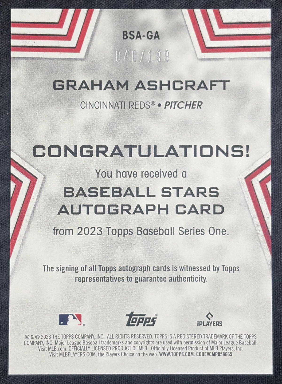 Graham Ashcraft 2023 Topps Baseball Stars Auto Series One Black /199 Reds Cincinnati Reds Sports Trading Card