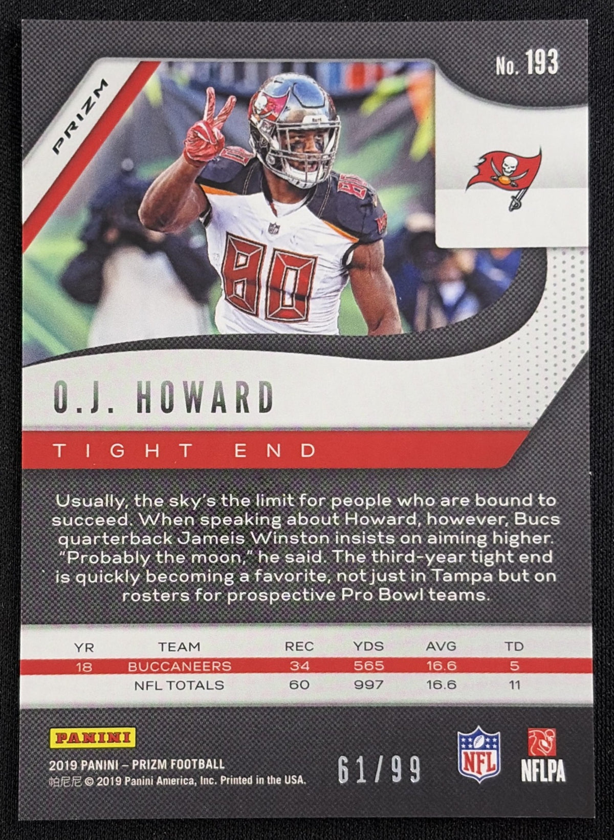O.J. Howard 2019 Panini Prizm Blue Ice Prizm /99 Buccaneers - Back