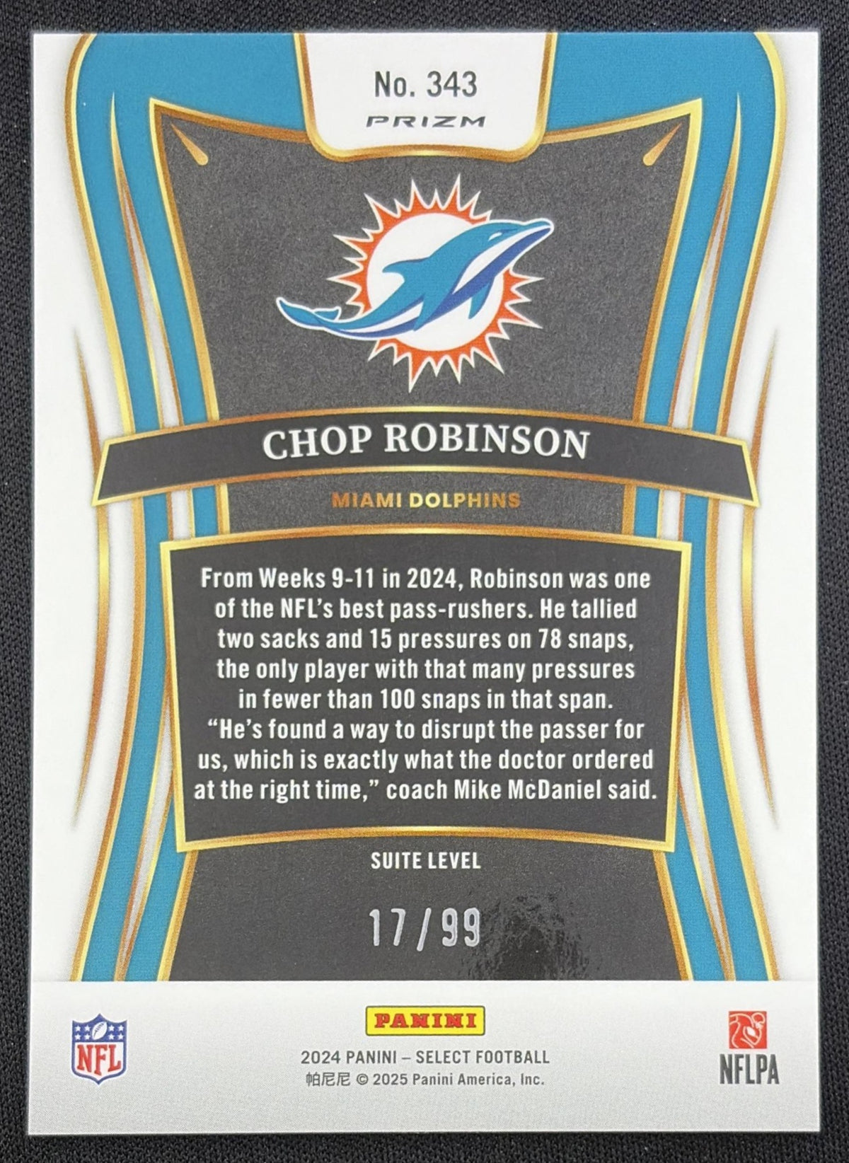 Chop Robinson 2024 Panini Select Suite Blue Prizm /99 Dolphins