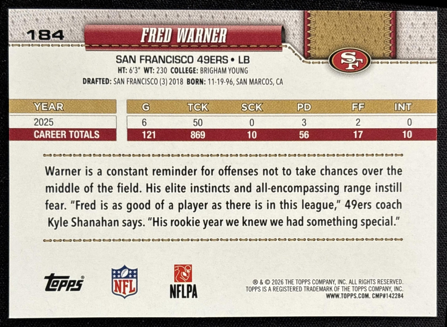 Fred Warner 2026 Topps Football Leather Foil 49ers