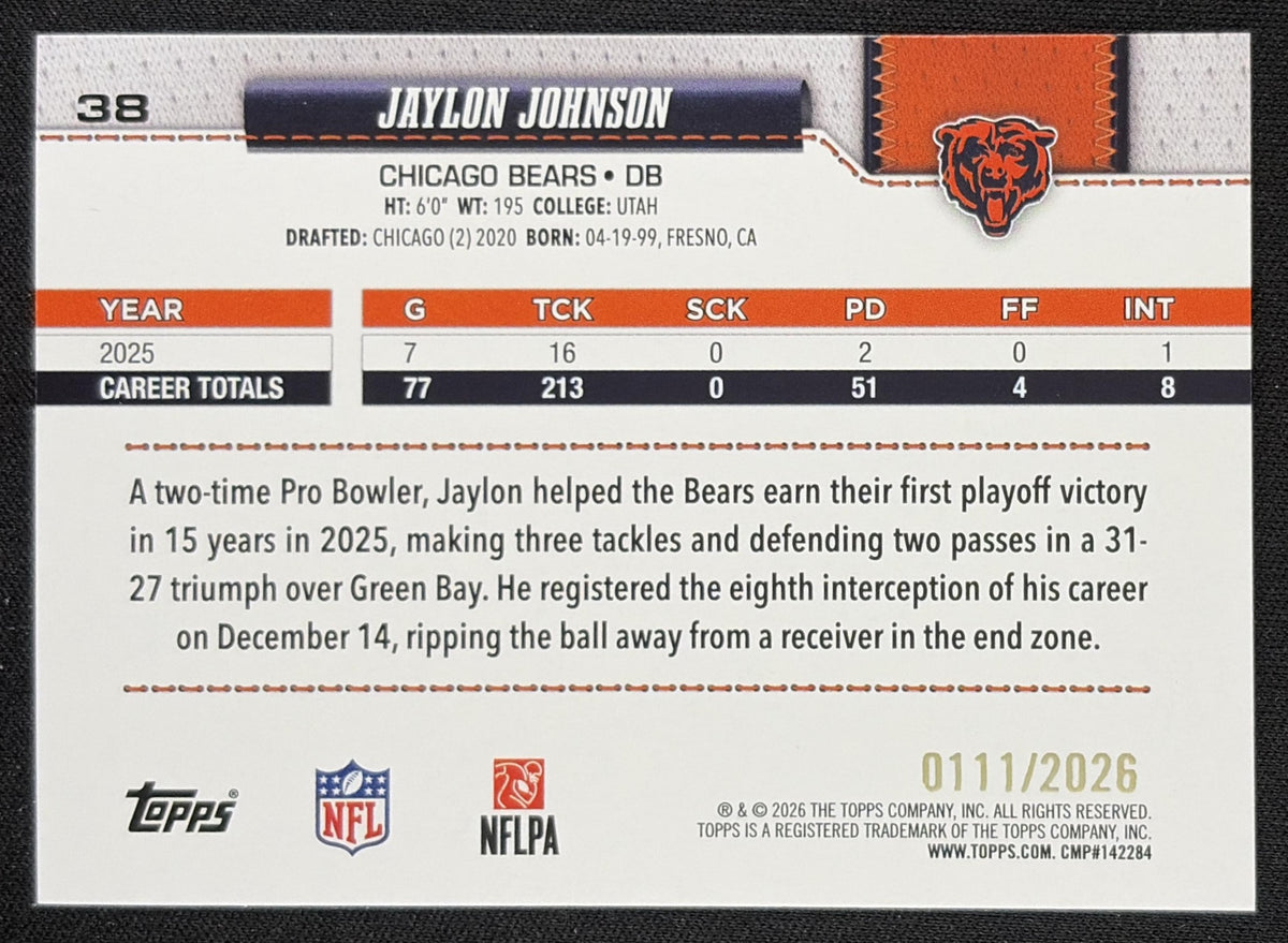 Jaylon Johnson 2026 Topps Gold /2026 Bears