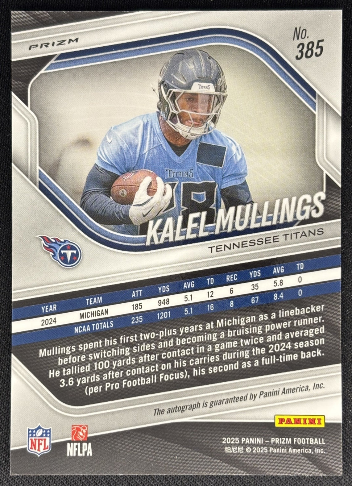 Kalel Mullings 2025 Panini Prizm Rookie Auto Silver Titans Sports Trading Cards