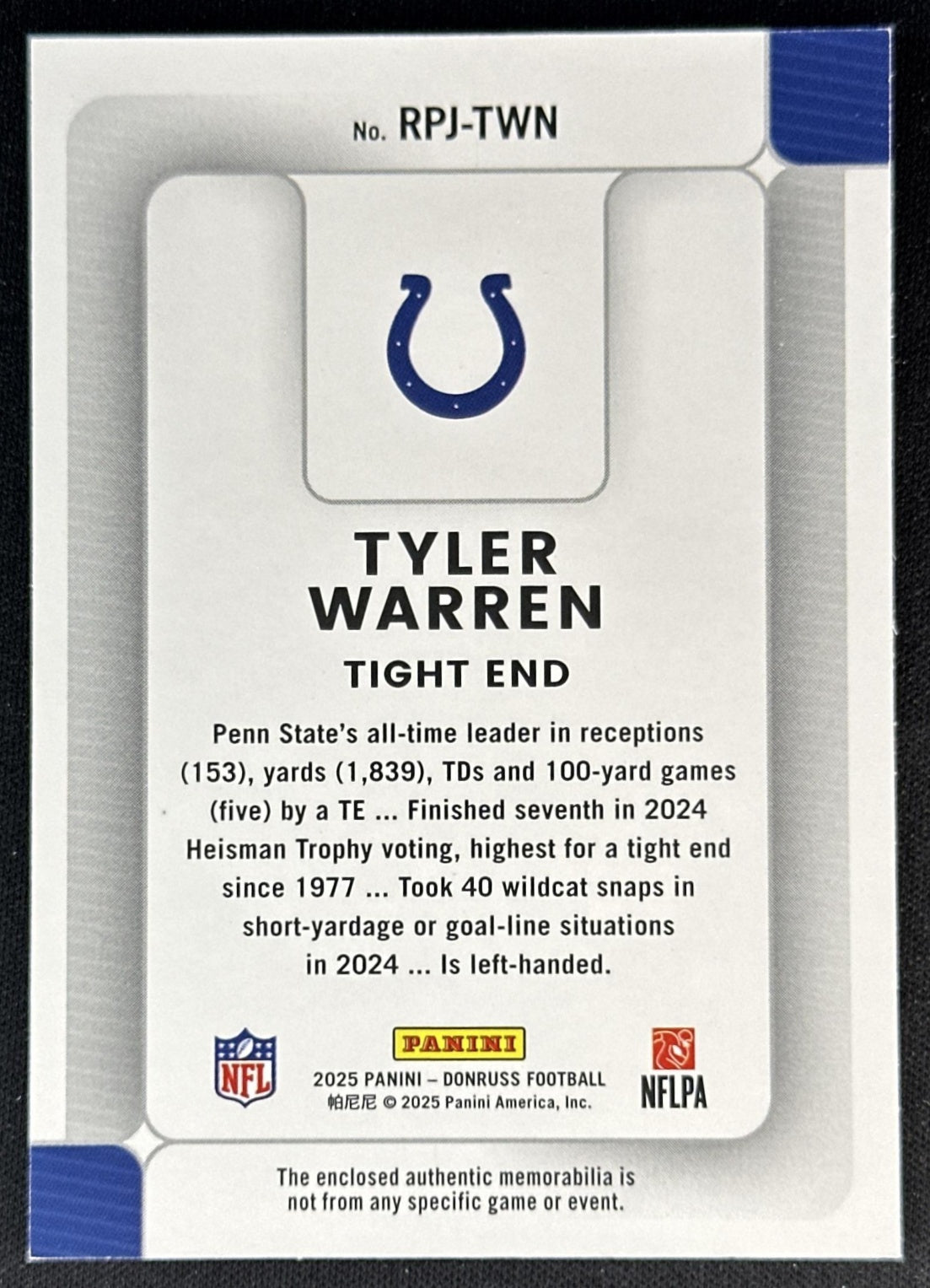 Tyler Warren 2025 Panini Donruss Rookie Phenom Jerseys Colts