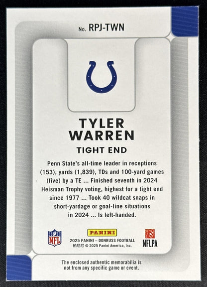 Tyler Warren 2025 Panini Donruss Rookie Phenom Jerseys Colts