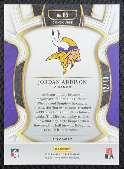 Jordan Addison 2025 Panini Select Concourse Orange Prizm /49 Vikings Minnesota Vikings back