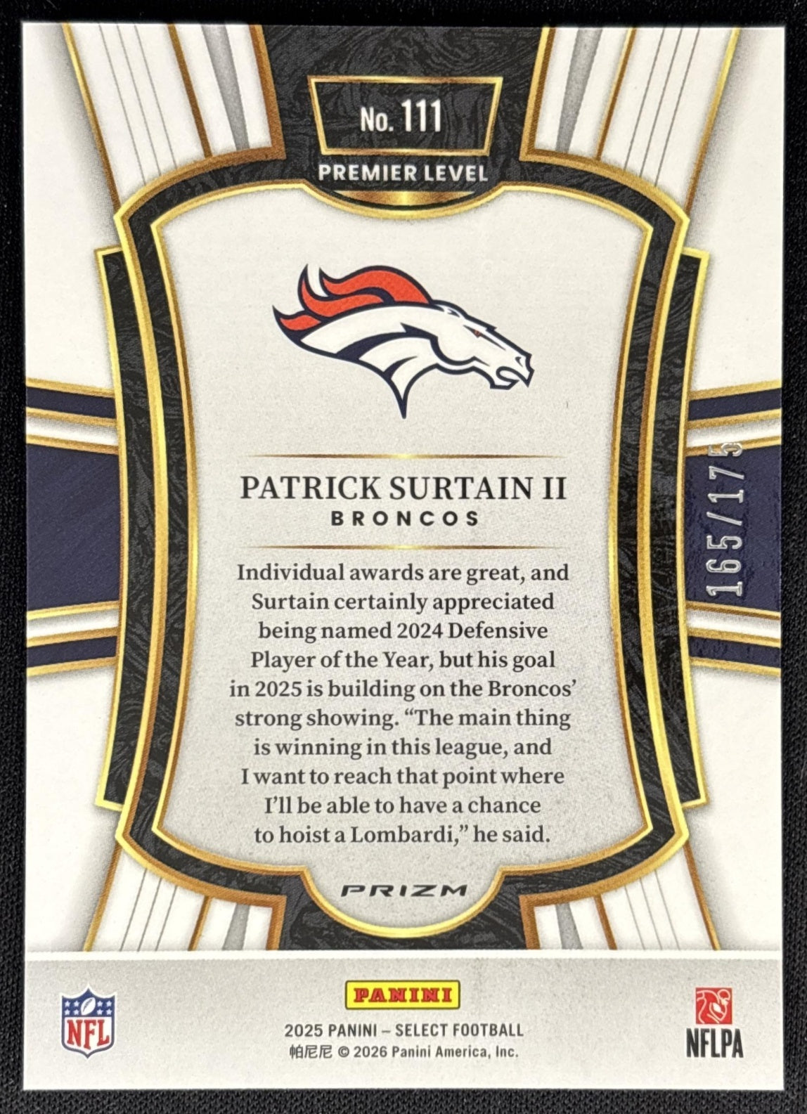 Patrick Surtain II 2025 Panini Select Premier Level Blue Prizm /175 Broncos back
