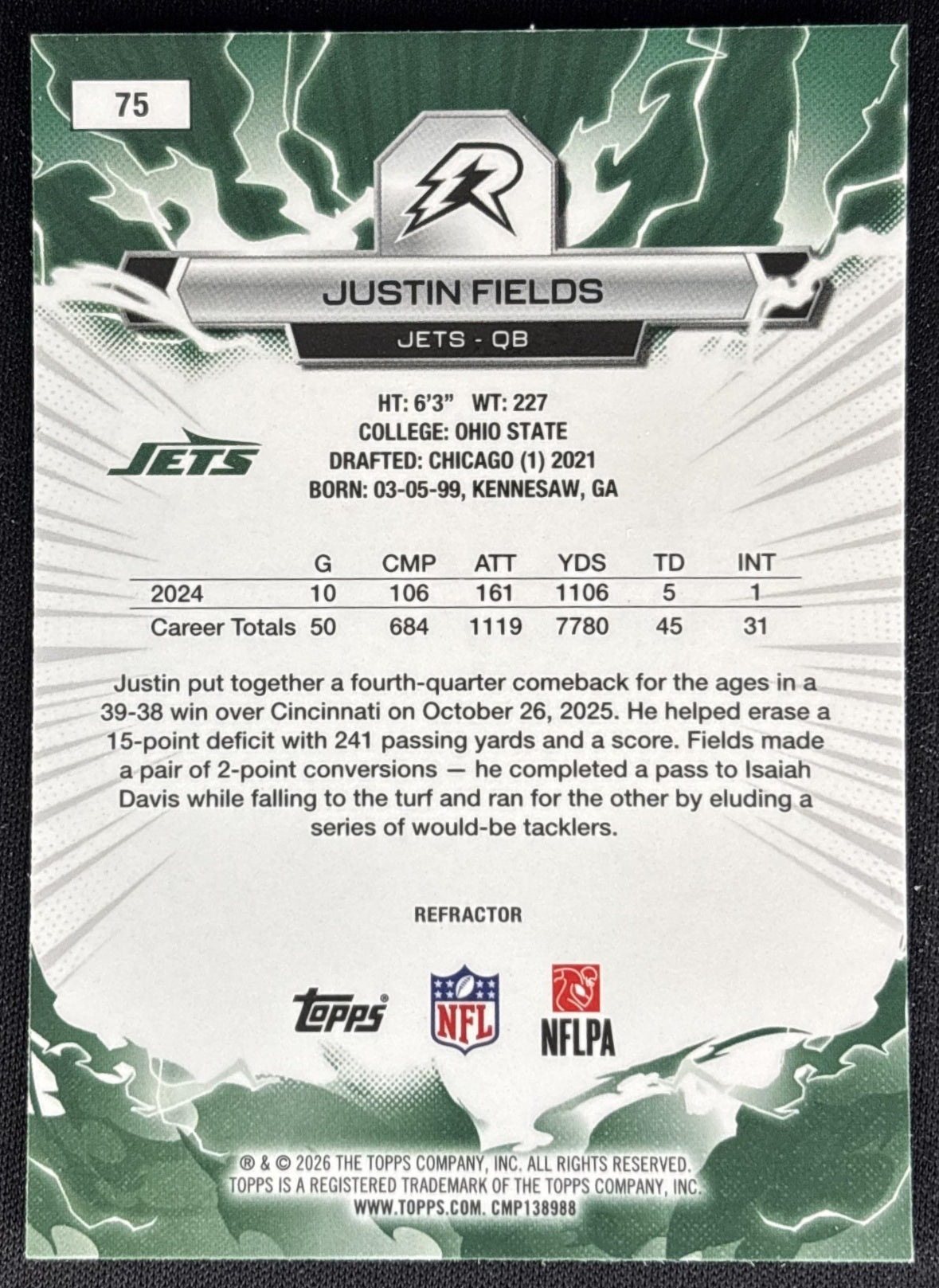 Justin Fields 2025 Topps Resurgence Refractor Jets back
