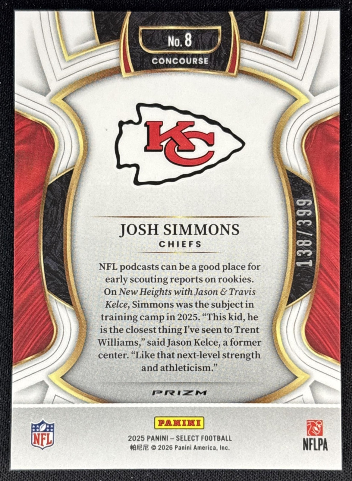 Josh Simmons 2025 Panini Select Concourse Tri-Color Prizm /399 Chiefs back