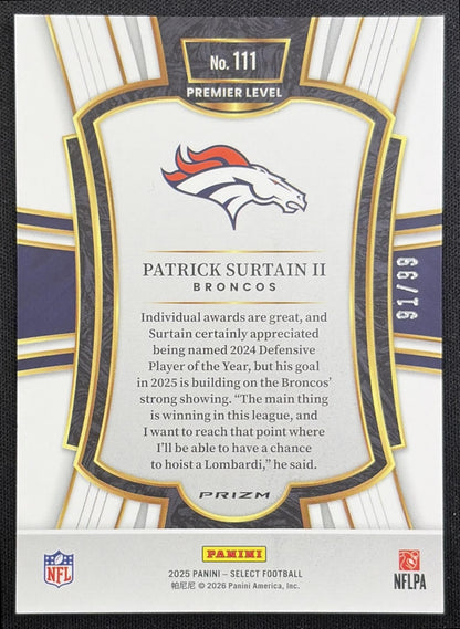 Patrick Surtain II 2025 Panini Select Premier Level Light Blue Prizm /99 Broncos Denver Broncos back