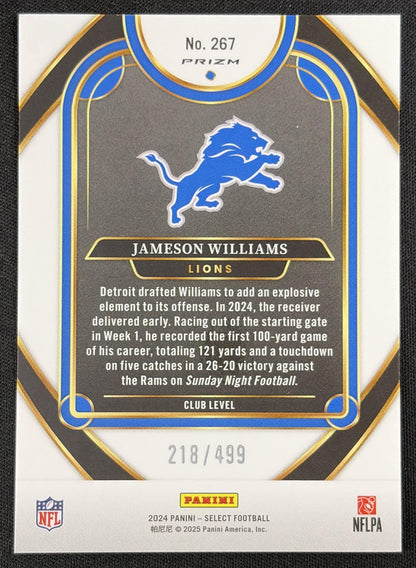 Jameson Williams 2024 Panini Select Club Neon Green Prizm Shock /499 Lions