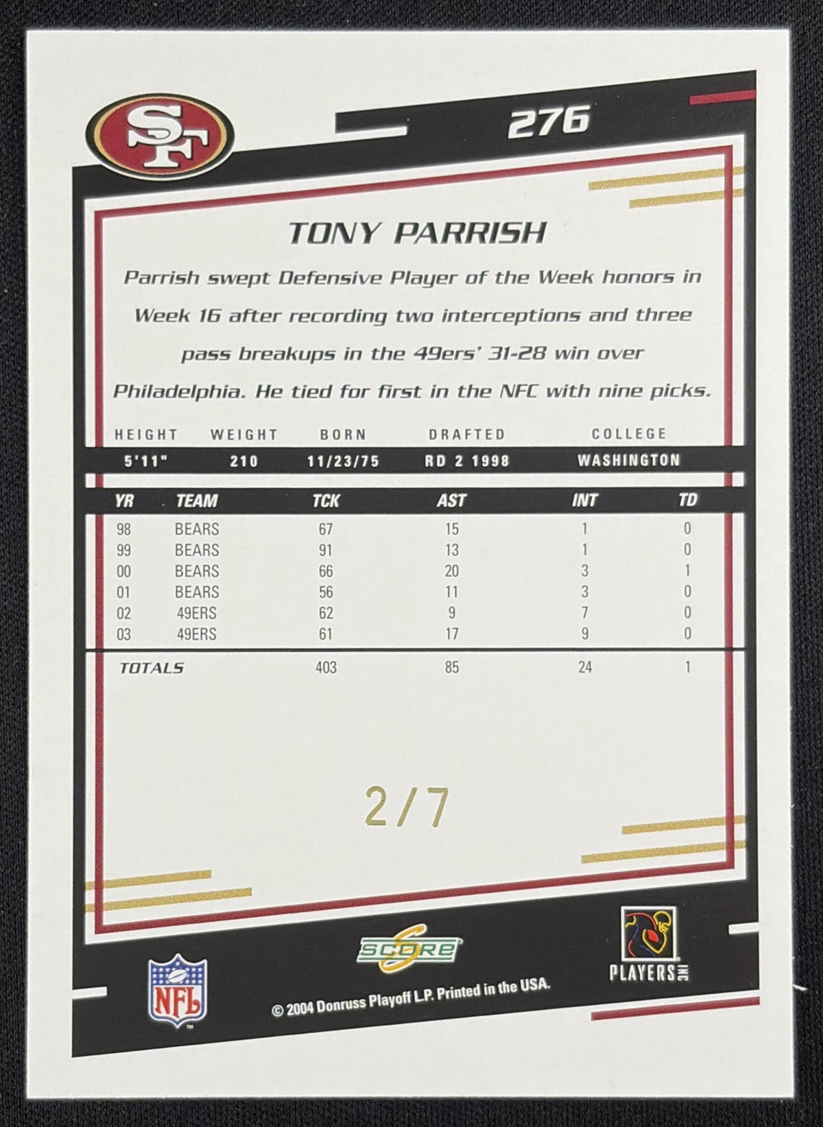 Tony Parrish 2004 Score Final Score /7 49ers Sports Trading Card