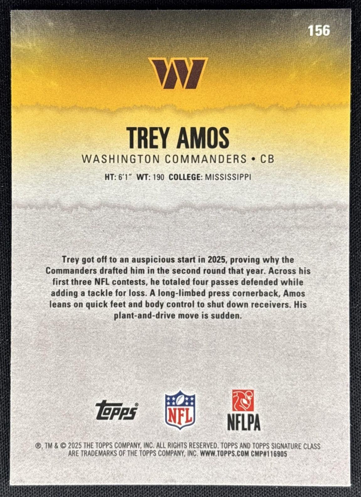 Trey Amos 2025 Topps Signature Class Chrome Rookie Commanders Sports Trading Cards