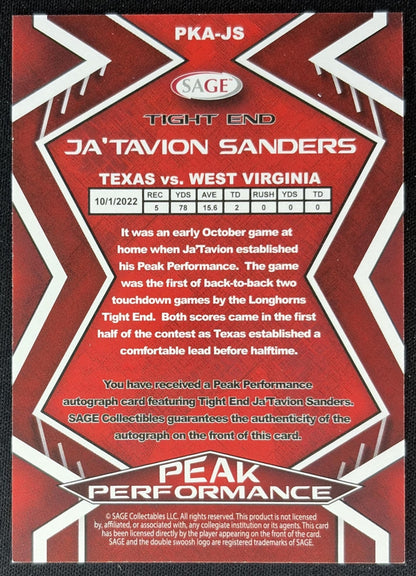 Ja Tavion Sanders 2024 HIT Peak Performance Auto Purple High Series Longhorns Sports Trading Cards